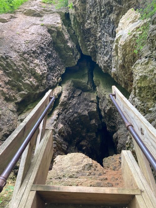 A wooden staircase leads down into a dark cave surrounded by rocky walls and greenery.