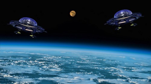 Two futuristic spacecraft hover above Earth, with a glowing moon visible in the dark sky.