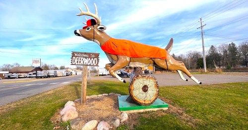 A large, wooden deer statue wearing an orange vest and hat, standing on a log with a "Welcome to Deerwood" sign.
