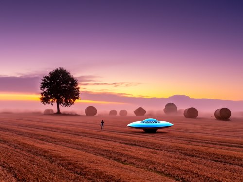 A UFO hovers above a misty field at sunset, with a lone figure standing near a tree and hay bales in the background.