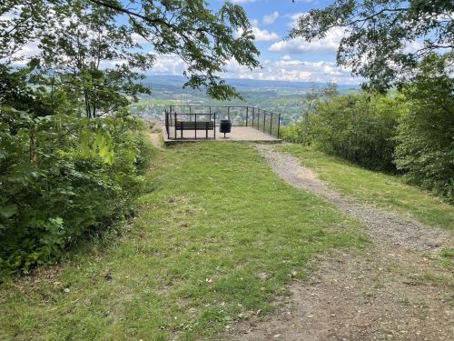 A scenic overlook with a viewing platform surrounded by greenery and a clear blue sky in the background.