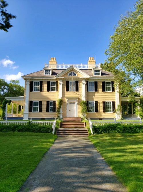 A large, elegant yellow house with black shutters, surrounded by greenery and a clear blue sky.