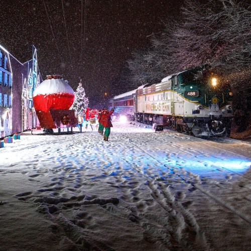 A snowy scene with a decorated train, festive buildings, and people in holiday attire celebrating the season.