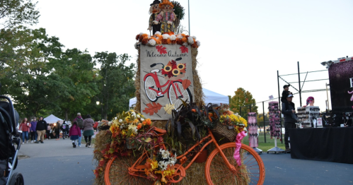 A decorated orange bicycle with autumn flowers and a scarecrow, set in a festive outdoor scene.