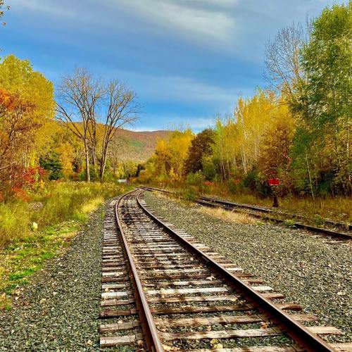 A winding railway track surrounded by colorful autumn trees under a cloudy sky.
