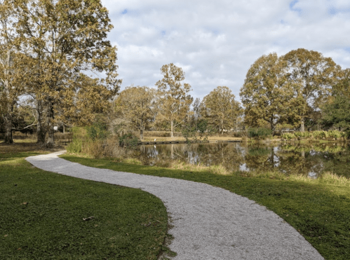 A winding gravel path beside a calm pond, surrounded by trees with autumn foliage under a cloudy sky.