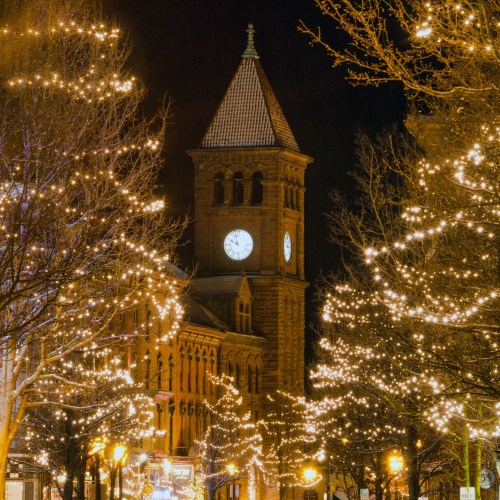 A clock tower illuminated at night, surrounded by trees adorned with twinkling lights.