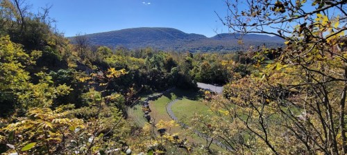 A scenic view of rolling hills and a clear blue sky, surrounded by vibrant autumn foliage.