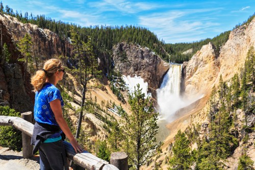A woman stands at a viewpoint, gazing at a majestic waterfall surrounded by lush trees and rocky cliffs.