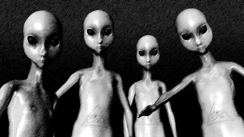 Four stylized alien figures with large eyes and smooth bodies, set against a dark, textured background.