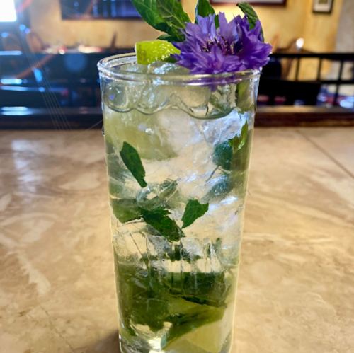 A refreshing cocktail with mint leaves, ice, a lime wedge, and a purple flower garnish in a tall glass.