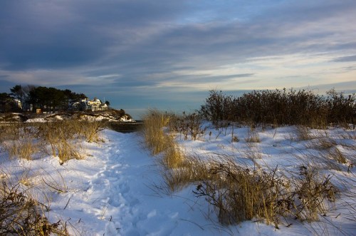 A snowy path leads through tall grass to a coastal house under a cloudy sky.