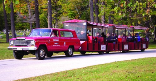 A pink vintage truck pulls a red tourist train with passengers through a scenic park. Trees line the background.