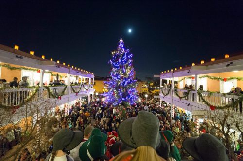 A large crowd gathers around a brightly lit Christmas tree at night, with festive decorations and buildings in the background.