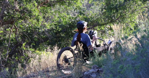 A person in a handcycle navigates a grassy trail surrounded by trees and greenery.