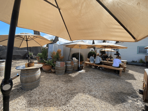 Outdoor seating area with wooden tables, umbrellas, and people enjoying a gathering among plants and barrels.