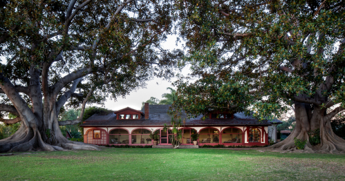 A charming house with a red facade, framed by large trees and a green lawn, under a clear sky.