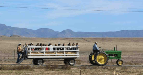 A tractor pulls a hayride with a group of people seated on a trailer in a rural landscape with mountains in the background.