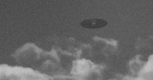 A black and white image of a disc-shaped object hovering above clouds in a cloudy sky.