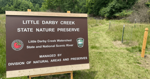Sign for Little Darby Creek State Nature Preserve, indicating the area is managed by the Division of Natural Areas and Preserves.