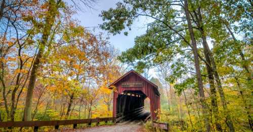 A red covered bridge surrounded by vibrant autumn foliage and trees.