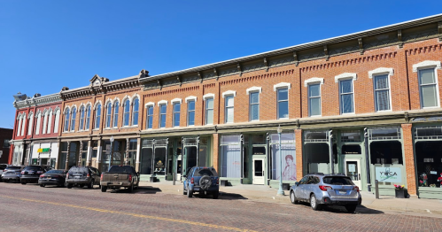 Historic brick buildings line a street, featuring shops and parked cars under a clear blue sky.