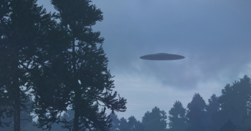 A UFO hovers above a forest under a cloudy sky, surrounded by tall trees.