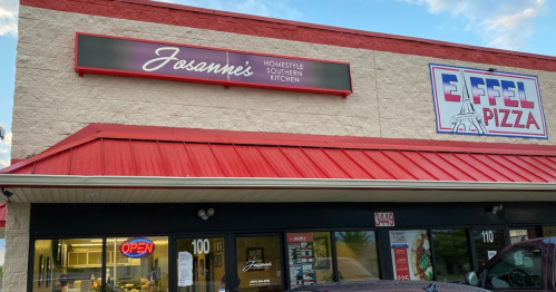 Exterior of a restaurant with a red roof, featuring signs for "Jasanne's Homestyle Southern Kitchen" and "Eiffel Pizza."