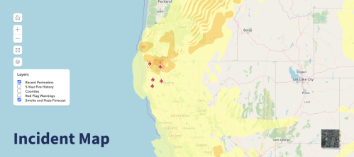 Map showing recent fire incidents, smoke forecasts, and red flag warnings in the western U.S. with layered data.