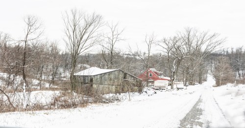 A snowy landscape featuring a red house and a weathered barn, surrounded by bare trees and a gravel road.