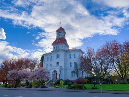 Historic white clock tower building with red roof, surrounded by blooming trees and a blue sky with clouds.
