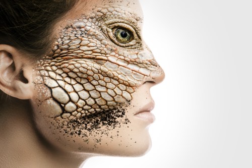 A woman's face blended with reptilian features, showcasing scales and a lizard-like eye on one side.