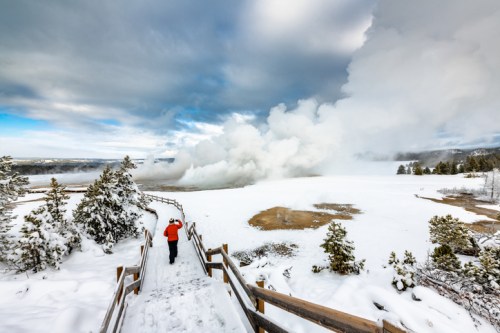 A person in an orange jacket stands on a snowy path, overlooking steam rising from geothermal features in a winter landscape.