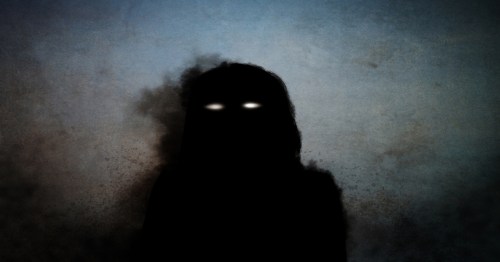 A dark silhouette of a figure with glowing white eyes against a textured, moody background.