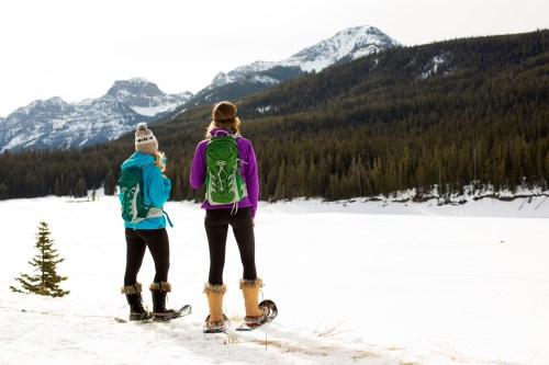 Two women in winter gear stand on snowshoes, gazing at a snowy mountain landscape. Pine trees and mountains in the background.