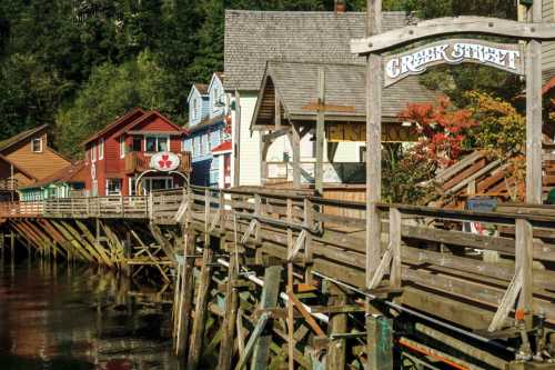 Colorful wooden buildings line a boardwalk over calm water, with a sign reading "Creek Street" in a scenic setting.