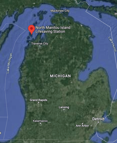 Map of Michigan highlighting North Manitou Island Lifesaving Station near Traverse City.