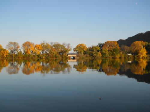 A serene lake scene with autumn trees reflecting on the water under a clear blue sky.