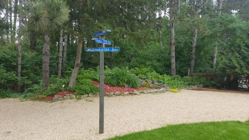 A blue directional sign with multiple arrows in a lush garden area surrounded by trees and colorful flowers.