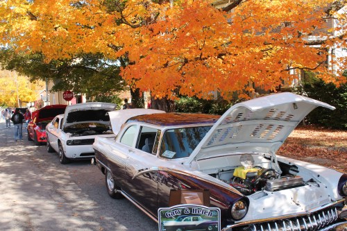 A row of classic cars parked under vibrant autumn trees with bright orange leaves.