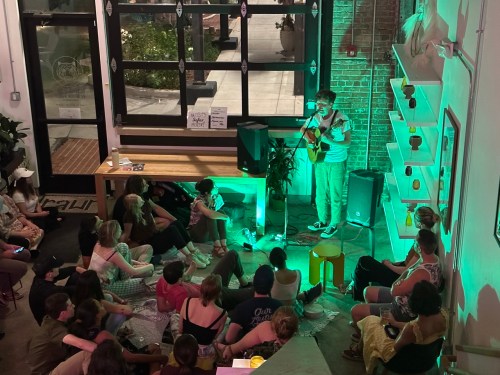 A musician performs with a guitar in a cozy venue, while an audience sits on the floor, illuminated by green lighting.