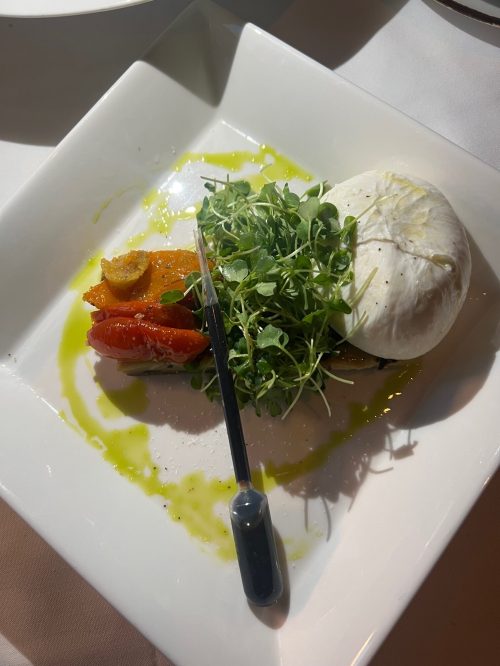 A plate with fresh burrata cheese, roasted tomatoes, and microgreens drizzled with olive oil.