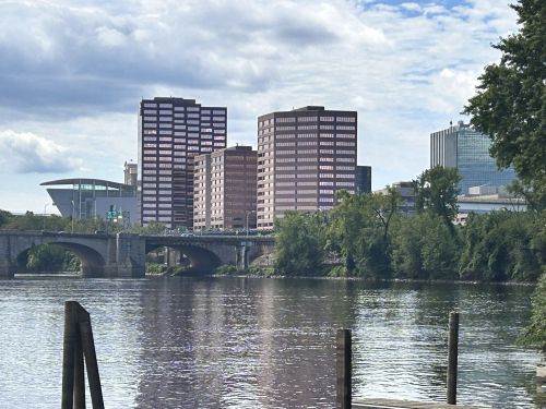 City skyline with modern buildings along a river, featuring a bridge and lush greenery in the foreground.