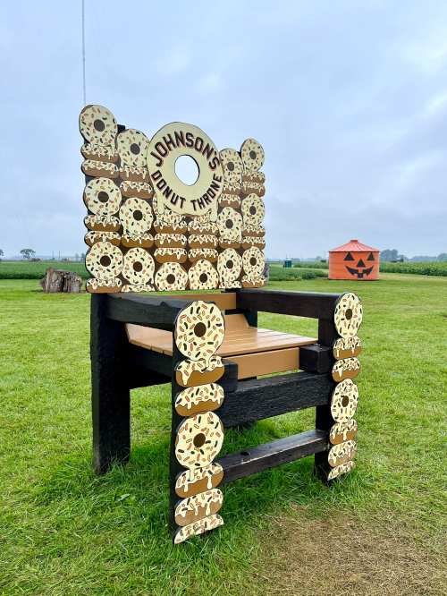 A large, decorative chair shaped like donuts, labeled "JOHNSON'S DONUT THRONE," set in a grassy field.