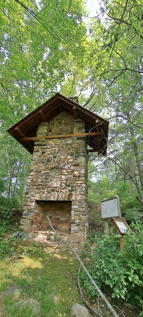 A stone structure with a wooden roof surrounded by greenery, featuring an informational sign nearby.