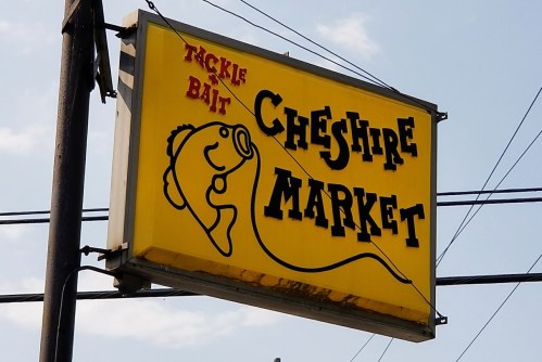 Sign for Cheshire Market featuring a cartoon fish and the words "Tickle Bait" on a bright yellow background.