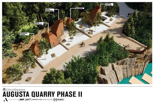 Aerial view of Augusta Quarry Phase II, featuring modern structures and pathways in a landscaped area.