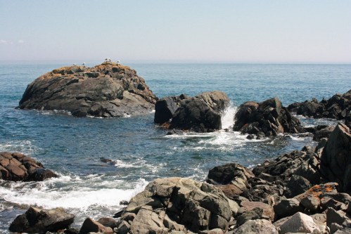 Rocky coastline with waves crashing against boulders and seagulls perched on a distant rock under a clear blue sky.