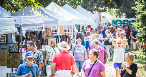 A bustling outdoor market with people browsing vendor tents and booths under sunny skies.