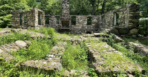 Ruins of a stone building overgrown with grass and plants, featuring a central chimney and open windows.
